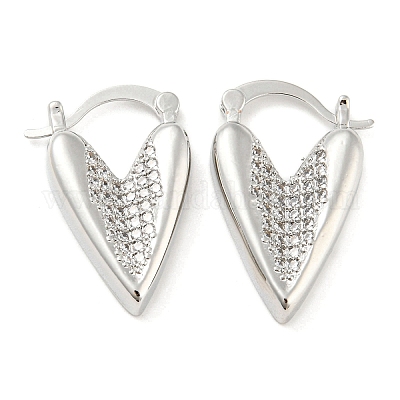 Толстые серьги-кольца из латуни в форме сердца с микропаве и прозрачным фианитом EJEW-Q785-03P-1