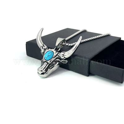 Мужские винтажные ожерелья с подвеской в виде головы коровы из нержавеющей стали с паве из синтетической бирюзы GA2673-1