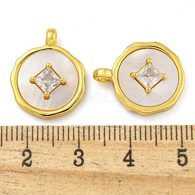 Плоские круглые латунные подвески из кубического циркония в форме монеты с ракушкой KK-D534-06G-1