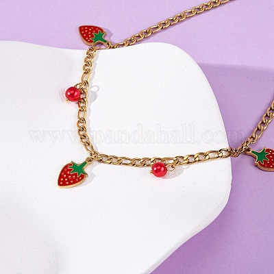 Женские ожерелья с кулоном в виде клубники из нержавеющей стали 304 с красной эмалью NJEW-F346-05G-1