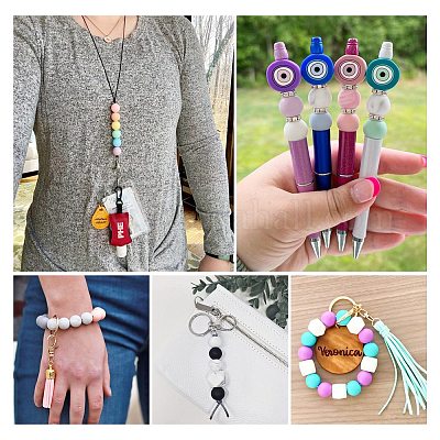 DIY Keychain Wristlet Making Kit, Including Alloy Split Key Rings & Clasps,  Plastic Breakaway Clasp, Hexagon & Round & Abacus Silicone & Wood Beads