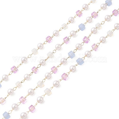 Цепочки из граненого куба из стекла и АБС-пластика с имитацией жемчуга CHS-G026-02KCG-02-1-1