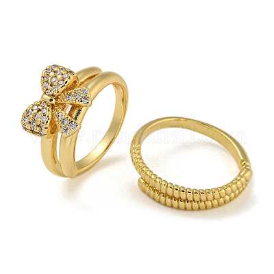 Двойные кольца из латуни с бантом и микро-паве с прозрачным фианитом RJEW-Z050-24G-1