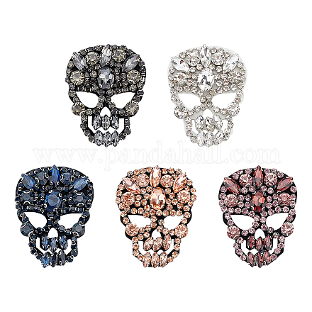 FINGERINSPIRE 5PCS 5 Colors Skull Glass Rhinestone Beaded Patch 2x2.4 inch Cloth Sew on Appliques Handicraft Beaded Skeleton Patches Big Rhinestones Applique Patches for Clothes DIY-FG0003-92-1