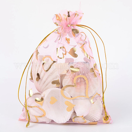 ハートプリントオーガンジーバッグ巾着袋  結婚式の好意バッグ  好意バッグ  ギフトバッグ  長方形  桃パフ  18x13cm OP-R022-13x18-02-1