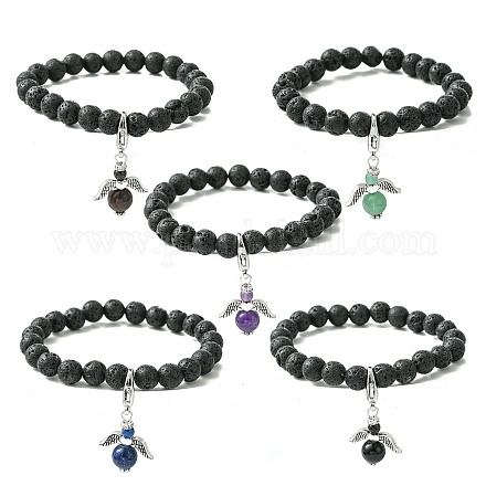 Эластичный браслет из натуральной лавы и драгоценных камней с подвесками из сплава BJEW-JB08730-1