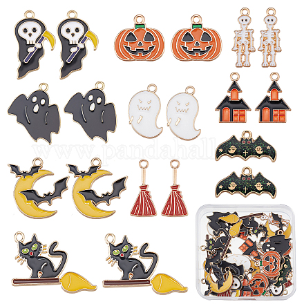 SUNNYCLUE 1 Box 40Pcs 10 Style Enamel Halloween Charms Ghost Charms Bat Charms for Jewelry Making Cat Broomstick Skeleton Charms Haunted House Jack-O'-Lantern Earrings DIY Supplies Halloween Decor FIND-SC0002-68-1