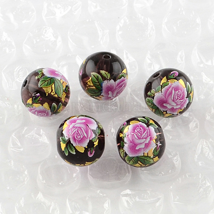 Perles rondes imprimées de motif de fleur rose en verre GFB-R004-10mm-P01-1