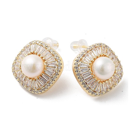 Orecchini a bottone con rombi di perle naturali con micro pavè di zirconi in ottone e 925 perno in argento sterling EJEW-P256-87G-1