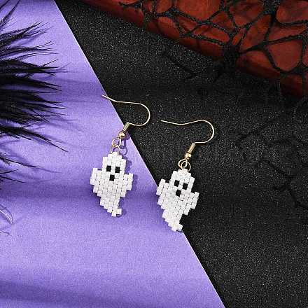 Серьги-подвески из стеклянных бусин ручной работы в виде призрака на тему Хэллоуина EJEW-MZ00478-1