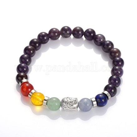 Buddha Head Gemstone Beaded Stretch Bracelets BJEW-JB01862-01-1