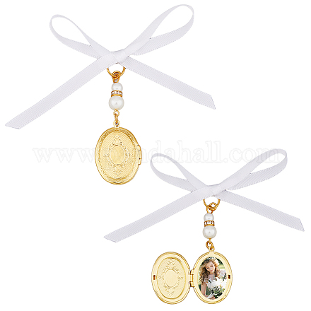 SUPERFINDINGS 2PCS Brass Wedding Bouquet Charms Locket Pendant Decorations with Acrylic Imitated Pearl Beads and Satin Ribbon Golden Oval Rial Angel Photo Pendants HJEW-AB00212-1