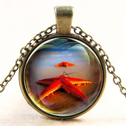 Glass Fantasy Underwater World Red Starfish Time Gem Pendant Necklaces X-NJEW-N0051-001I-01-1