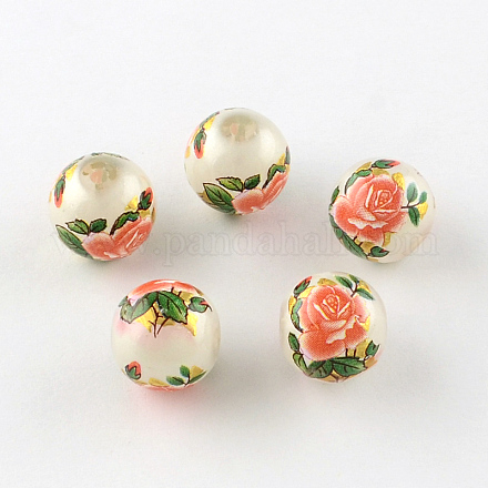 Perles rondes imprimées de motif de fleur rose en verre GFB-R005-10mm-A03-1