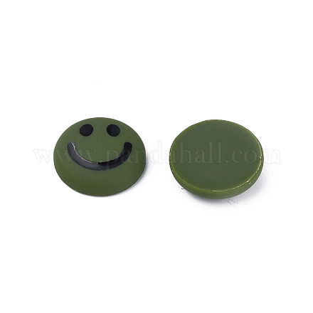 アクリルエナメルカボション  笑顔の模様とフラットラウンド  ダークオリーブグリーン  20x6.5mm KY-N015-200D-1