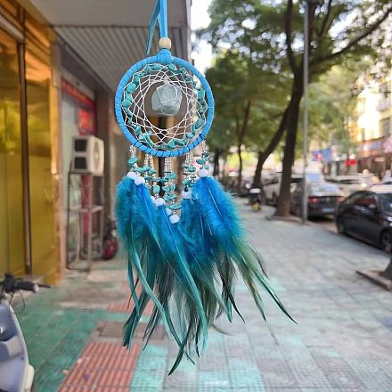 Synthetic Turquoise Woven Web/Net with Feather Pendant Decorations PW-WG69741-12-1