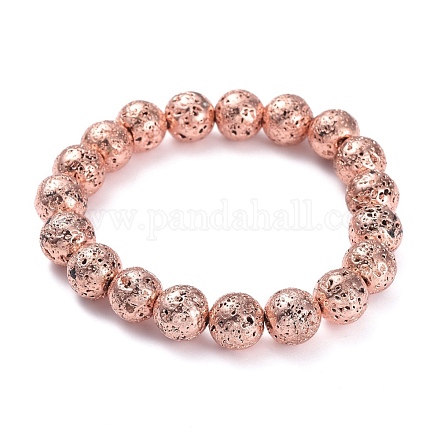 Bracelets extensibles en perles de lave naturelle galvanisées BJEW-G623-01RG-10mm-1