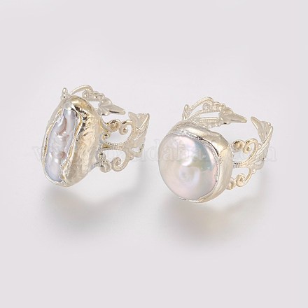 Anillos de dedo de brazalete de perlas plateados de larga duración RJEW-E156-03S-1