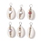6Pcs 6 Styles Natural Cowrie Shell Copper Wire Wrapped Star & Heart & Round Pendants, Shell Shape Charms with Brass, Glass Pearl and Non-magnetic Synthetic Hematite, Platinum, 26~29.5x12~15x9~10.5mm, Hole: 3.5~4mm, 1pc/style