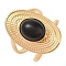 Oval Natural Dyed & Heated Black Agate Finger Rings, Ion Plating(IP) 304 Stainless Steel Cuff Rings for Women, Soldered, Real 14K Gold Plated, 24mm, Gemstone: 11.5x9.5mm, Adjustable