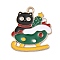 Christmas Alloy Enamel Pendants, Light Gold, Cat, Sleigh, 25.5x23x1mm, Hole: 2mm