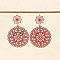 Flower with Flat Round Brass Dangle Earrings, Golden, Indian Red, 77x47mm