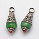 Brass Teardrop Pendants, with Resin Imitation Gemstone and Antique Silver, Green, 26~28x11mm, Hole: 4mm