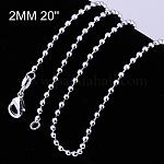 Brass Ball Chain Necklaces, with Lobster Claw Clasps, Silver Color Plated, 20 inch, 2mm