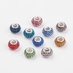 Grade A Rhinestone European Beads, Large Hole Beads, Resin, with Silver Color Plated Brass Core, Rondelle, Mixed Color, 12x8mm, Hole: 4mm