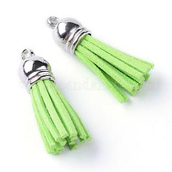 Décorations de pendentif pompon en daim, avec embouts de cordon en plastique ccb, platine, vert jaune, 35~37x10mm, Trou: 1.8mm