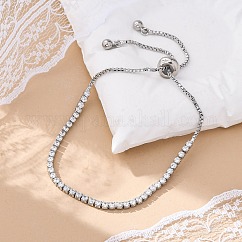 Bracciali tennis bolo in ottone cubic zirconia, bracciali slider, quadrato, chiaro, chiaro, platino, 3.2~7.3cm, 1.5mm