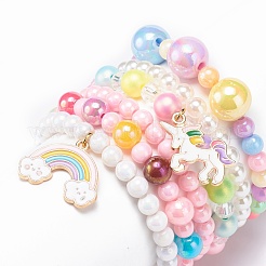 アクリルビーズストレッチブレスレットセット6個。  女の子のための子供のブレスレット  合金エナメルペンダント付き  abs プラスチック模造パール ビーズと弾性クリスタル スレッド  ミックスカラー  内径：1-3/4インチ（4.5cm）&nbsp;BJEW-JB08728