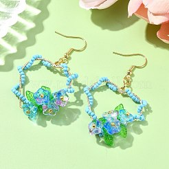 3ペア 304 ステンレススチール フラワー ガラス シードビーズ ダングル イヤリング  ゴールドカラー  ミックスカラー  58~64x32~34mm  3のペア/セット&nbsp;EJEW-MZ00335