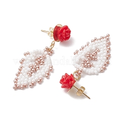 Orecchini a bottone con perline di rosa e foglie&nbsp;EJEW-MZ00222-02