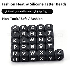 20 pièces cube noir lettre perles de silicone 12x12x12mm dés carrés alphabet perles avec 2mm trou entretoise perles de lettre en vrac pour bracelet collier fabrication de bijoux&nbsp;JX433Q