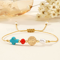 Летние плетеные браслеты из латунного креста и синтетической бирюзы для женщин и мужчин NW9069-1