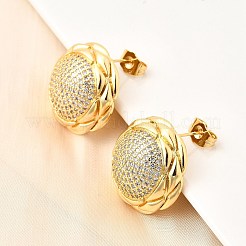 Латунные плоские круглые серьги-гвоздики с прозрачным кубическим цирконием EJEW-C147-06G