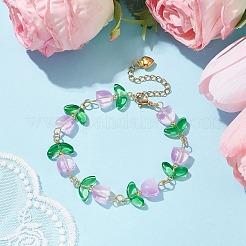 Bracciale con perline di fiori di tulipano in vetro con fermagli in acciaio inossidabile 304&nbsp;BJEW-JB09959-01