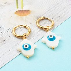 304ステンレススチール製ハギーフープピアス  ナチュラルシェルビーズ付き  ナザールボンジュウ付きハムサの手  ドジャーブルー  ゴールドカラー  31mm  ピン：1mm&nbsp;EJEW-JE04533-01