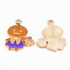 ライトゴールドトーン合金エナメルチャーム  カドミウムフリー＆鉛フリー  ハロウィン  カボチャのジャックランタン  ダークオレンジ  25x19x1.2mm  穴：1.5mm&nbsp;X-ENAM-T018-21