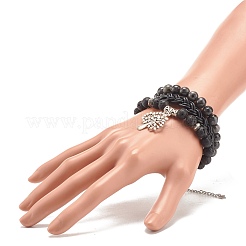 Braccialetti elasticizzati con perline di roccia lavica e larvikite naturale in stile 3 pezzi con albero della vita in lega&nbsp;BJEW-JB07887