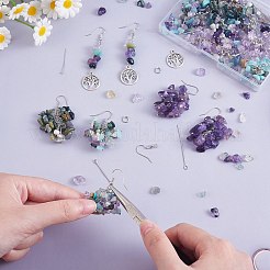 DIYの宝石イヤリング作成キット  天然蛍石＆アメジスト＆インディアンチップビーズを含む  合金ツリーペンダント  真鍮のピアスフック&nbsp;DIY-SZ0009-49