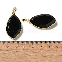 ガラスチャーム  金色のラックメッキの真鍮金具付き  楕円形のチャーム  ブラック  36~36.5x19.5~20x6~6.5mm  穴：6.5x3.5mm&nbsp;G-K338-08G-10