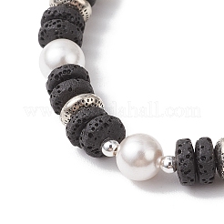 Плоские круглые эластичные браслеты из натурального камня лавы и ракушек с жемчугом для женщин BJEW-JB12140-01