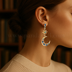 2 пара серег-гвоздиков цвета аквамарин со стразами в виде луны и звезды&nbsp;EJEW-HY0001-32