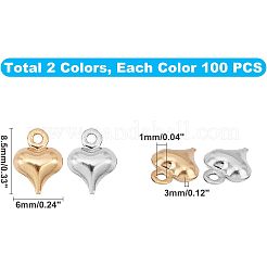 304ステンレススチールチャーム  ハート  ゴールデン·ステンレス鋼色  8.5x6x3mm  穴：1mm  2色  100個/カラー  200個/箱&nbsp;STAS-UN0007-97