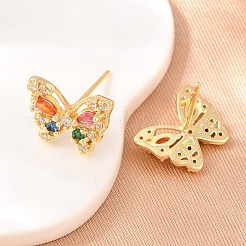真鍮製 マイクロパヴェ キュービックジルコニア スタッドピアス 女性用  蝶  カドミウムフリー＆鉛フリー  長持ちメッキ  ラックめっき  18KGP本金メッキ  ショッキングピンク  10.5x13mm&nbsp;KK-A305-09G-04