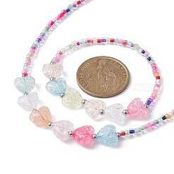 アクリルハート＆シードビーズネックレス＆ストレッチブレスレット  子供のためのジュエリーセット  カラフル  14インチ（35.6cm）  内径2インチ（5cm）&nbsp;SJEW-JS01280