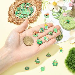 50個 10スタイル 聖パトリックの日のエナメルと合金ペンダント  ゴールドカラー  混合図形  12~19x11~15x1mm  穴：1.6~1.8mm  5個/スタイル&nbsp;FIND-CJ0005-83