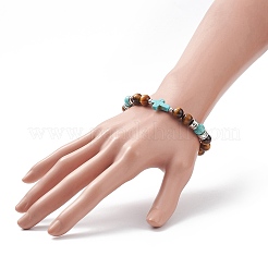 Браслет из бисера из натурального тигрового глаза и синтетической бирюзы (окрашенной) BJEW-TA00179-01